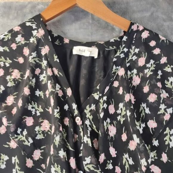 Böhme Womens‎ S Black Pink Floral Blouse Ruffle Front Long Sleeve Sheer Lined - Picture 5 of 11